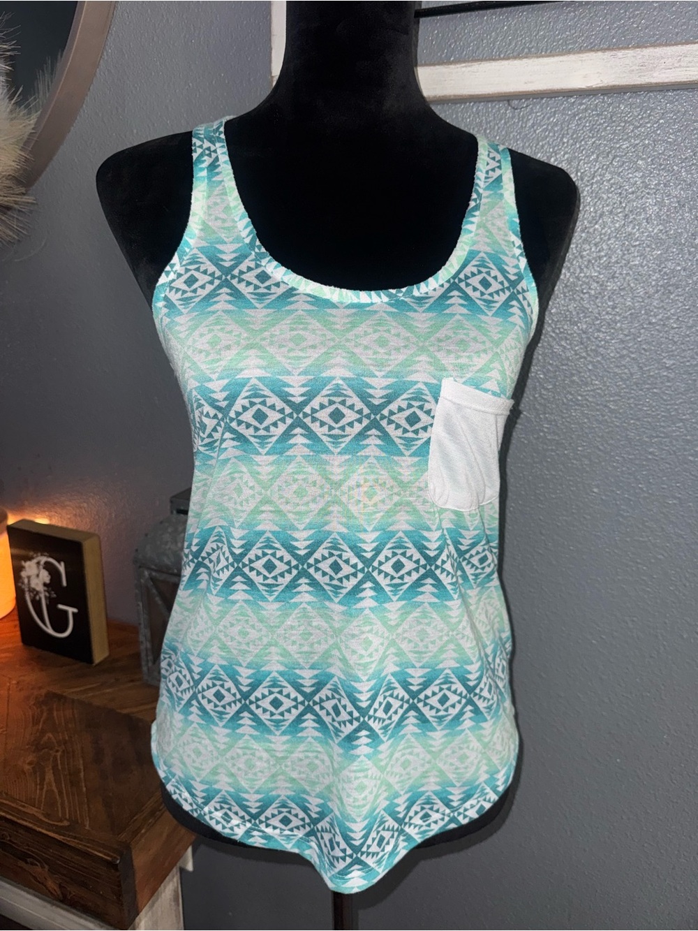 Zumiez Tribal Tank Top with Pocket - Teal/White